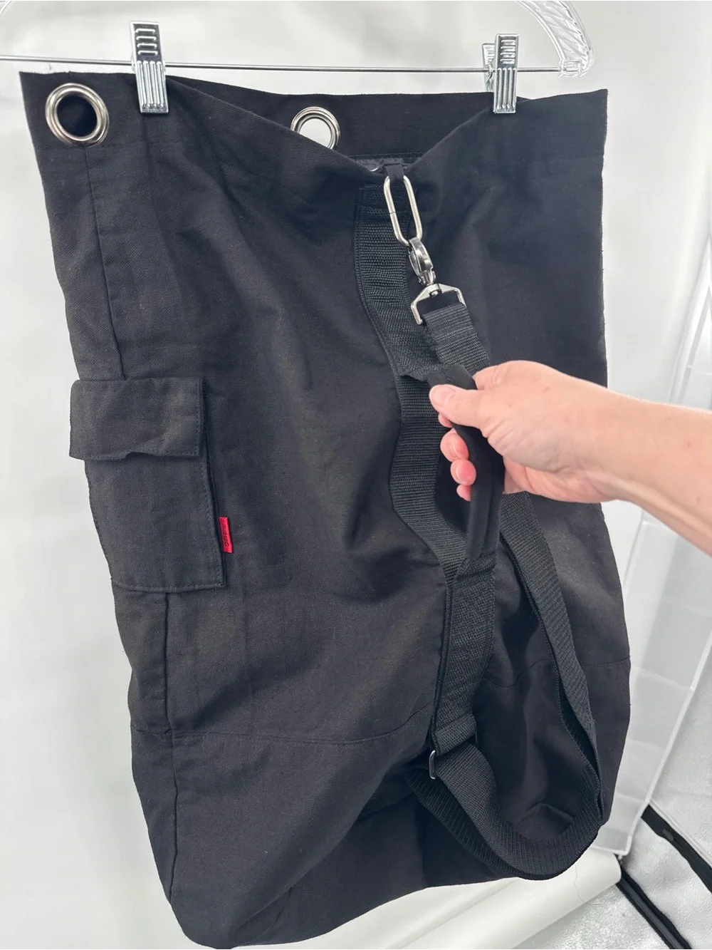 HUGO Black Drawstring Backpack Sling Bag Canvas Utility Bucket Logo Unisex Y2K